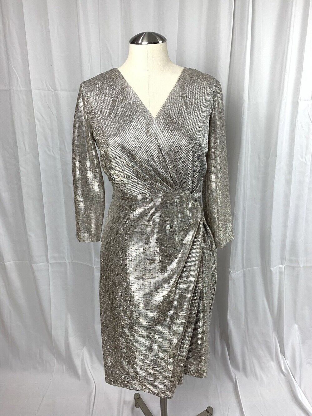 Tahari by ASL Silver Foil Knit Side Knot Faux Wrap Dress L/S Women's Size 6
